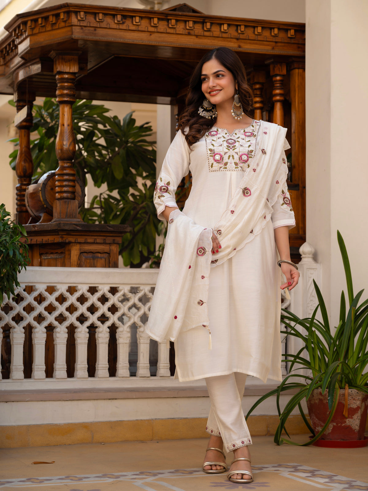 White Viscose Mango Silk Embroidered Kurti Set
