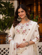 White Viscose Mango Silk Embroidered Kurti Set