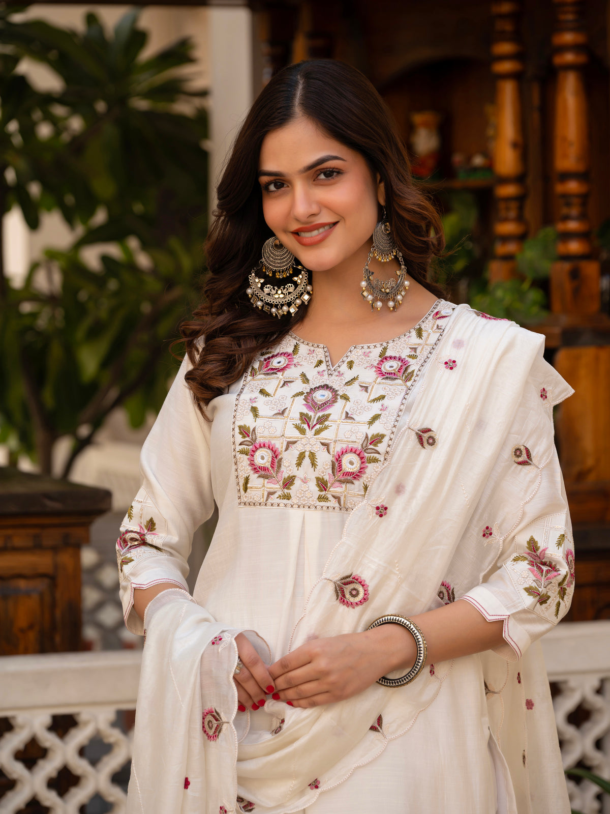 White Viscose Mango Silk Embroidered Kurti Set