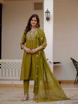 Mehndi Green Viscose Mango Silk Embroidered Kurti Set