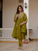 Mehndi Green Viscose Mango Silk Embroidered Kurti Set