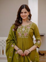 Mehndi Green Viscose Mango Silk Embroidered Kurti Set