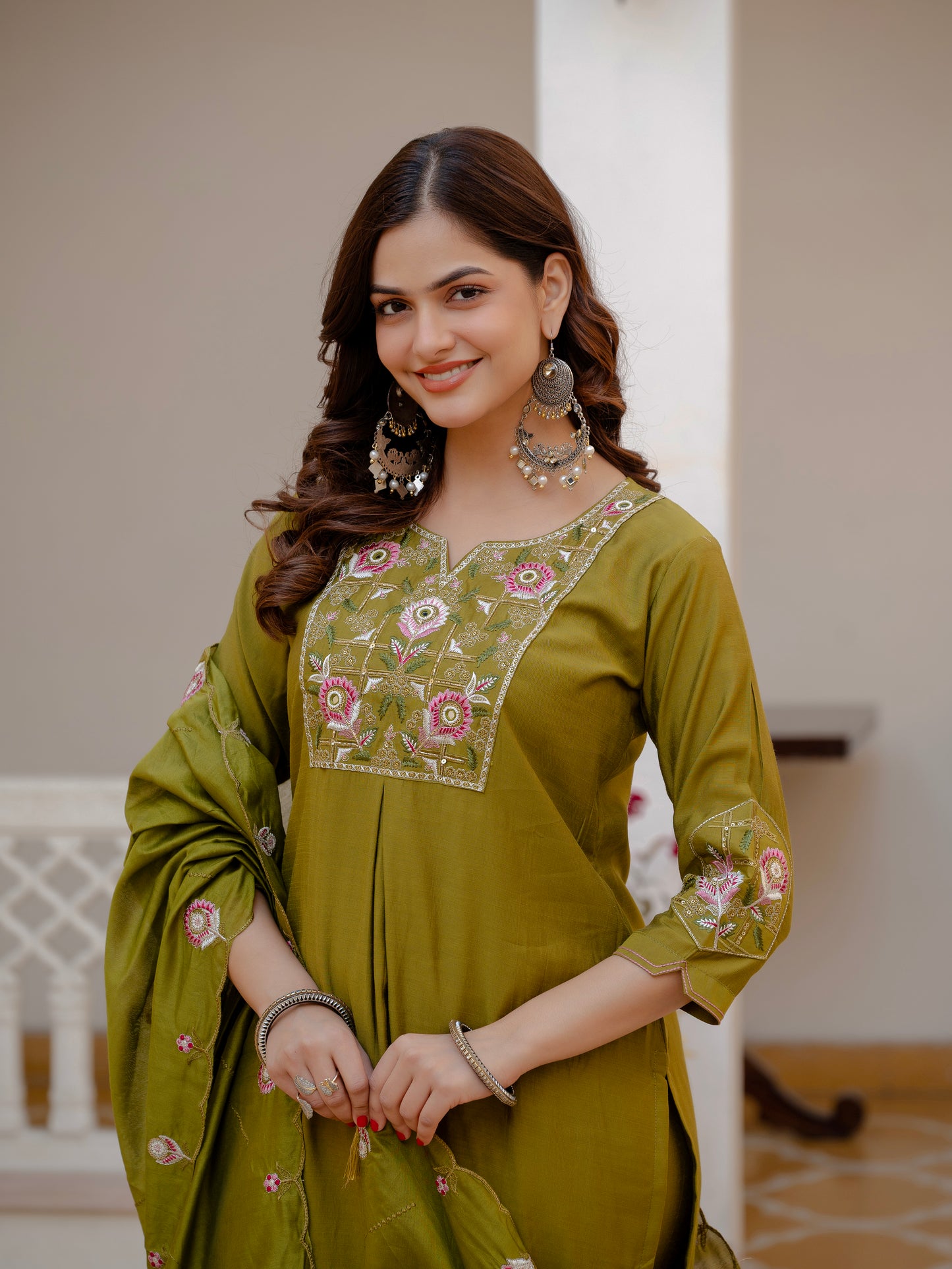 Mehndi Green Viscose Mango Silk Embroidered Kurti Set