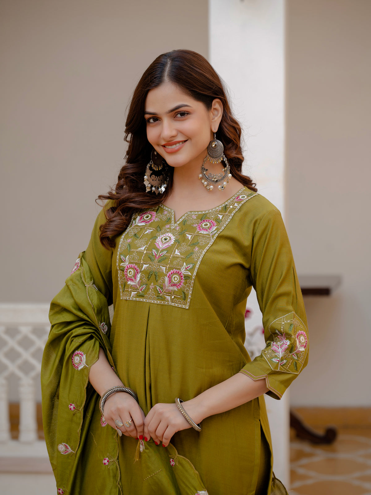 Mehndi Green Viscose Mango Silk Embroidered Kurti Set