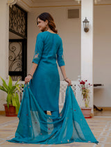 Firozi Viscose Mango Silk Embroidered Kurti Set