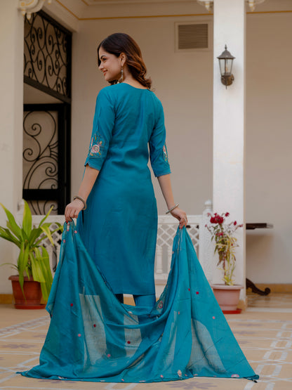 Firozi Viscose Mango Silk Embroidered Kurti Set