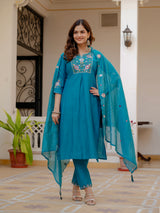 Firozi Viscose Mango Silk Embroidered Kurti Set