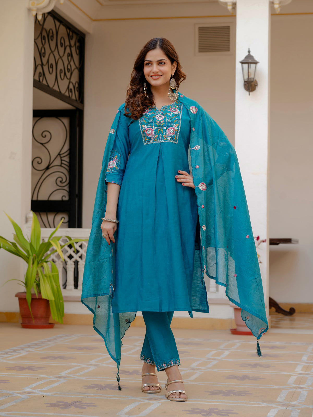 Firozi Viscose Mango Silk Embroidered Kurti Set