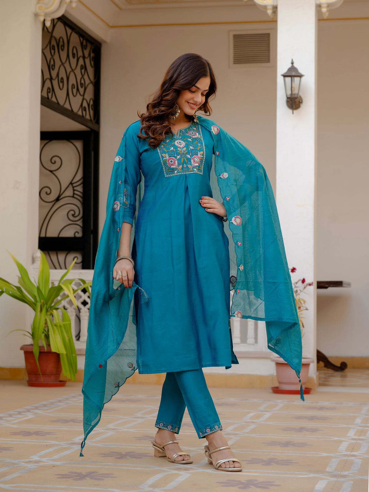 Firozi Viscose Mango Silk Embroidered Kurti Set