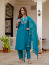 Firozi Viscose Mango Silk Embroidered Kurti Set