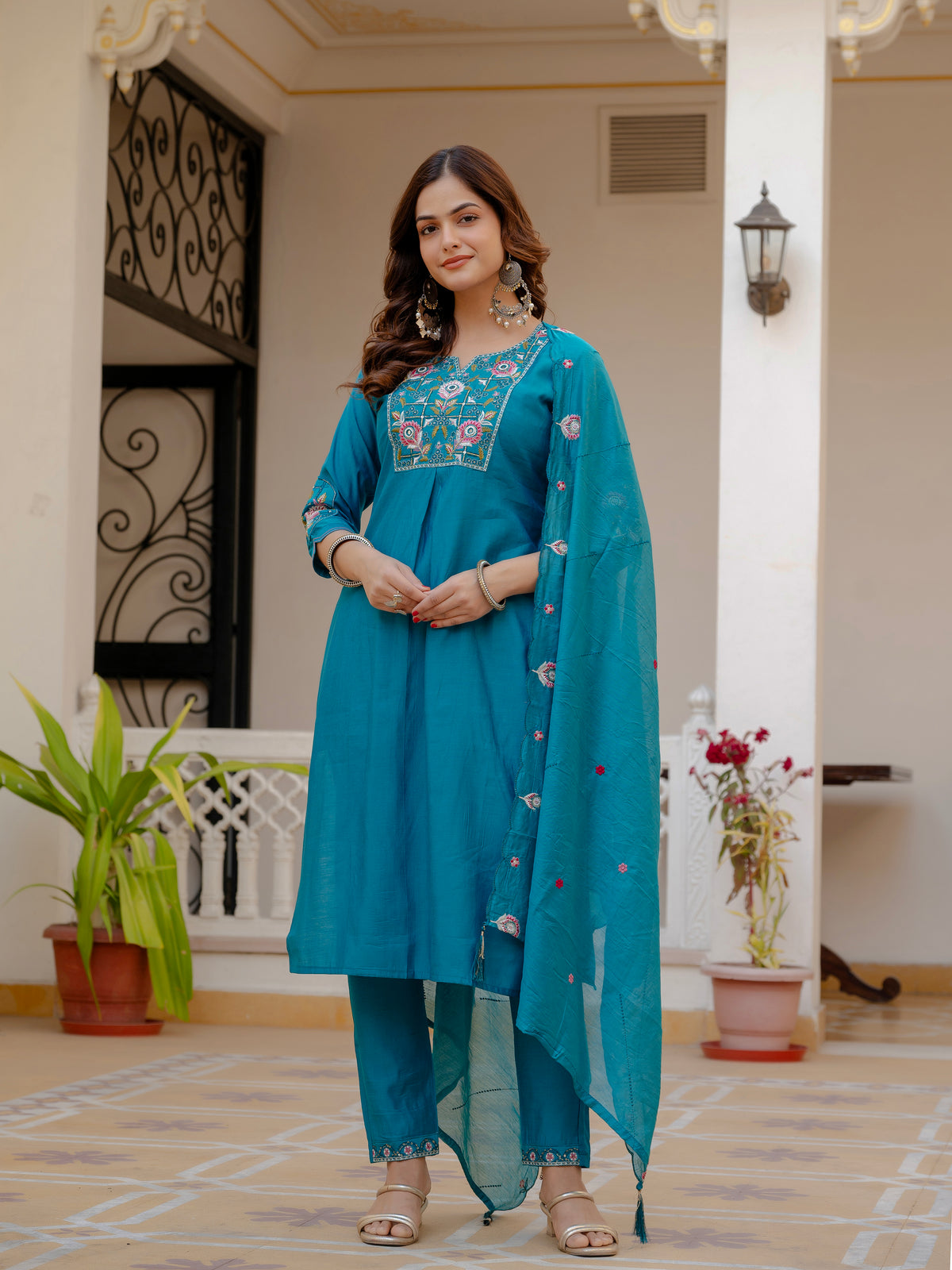 Firozi Viscose Mango Silk Embroidered Kurti Set