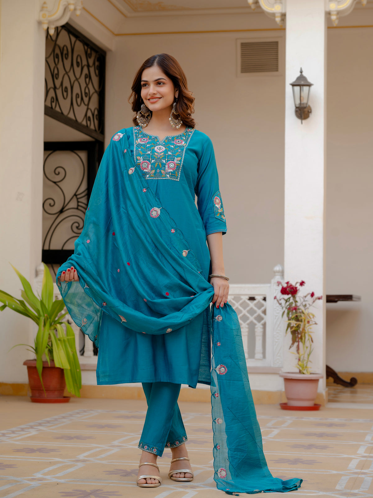 Firozi Viscose Mango Silk Embroidered Kurti Set
