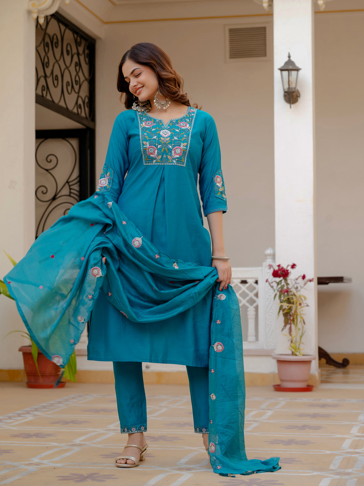 Firozi Viscose Mango Silk Embroidered Kurti Set