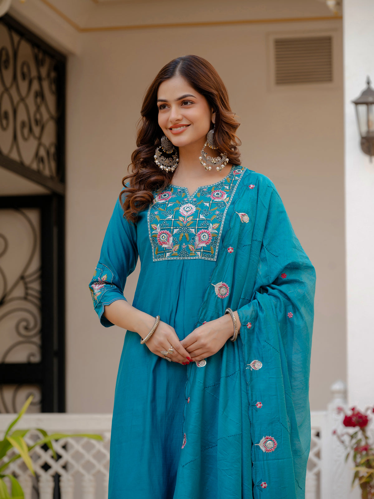 Firozi Viscose Mango Silk Embroidered Kurti Set