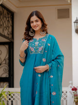 Firozi Viscose Mango Silk Embroidered Kurti Set