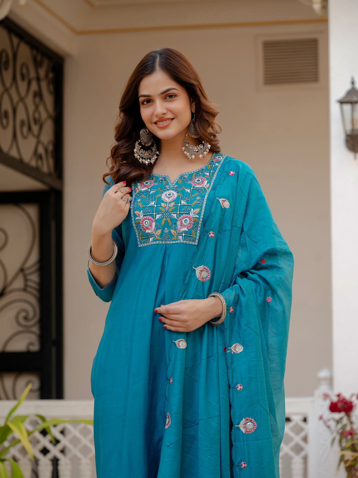 Firozi Viscose Mango Silk Embroidered Kurti Set
