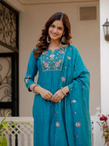 Firozi Viscose Mango Silk Embroidered Kurti Set