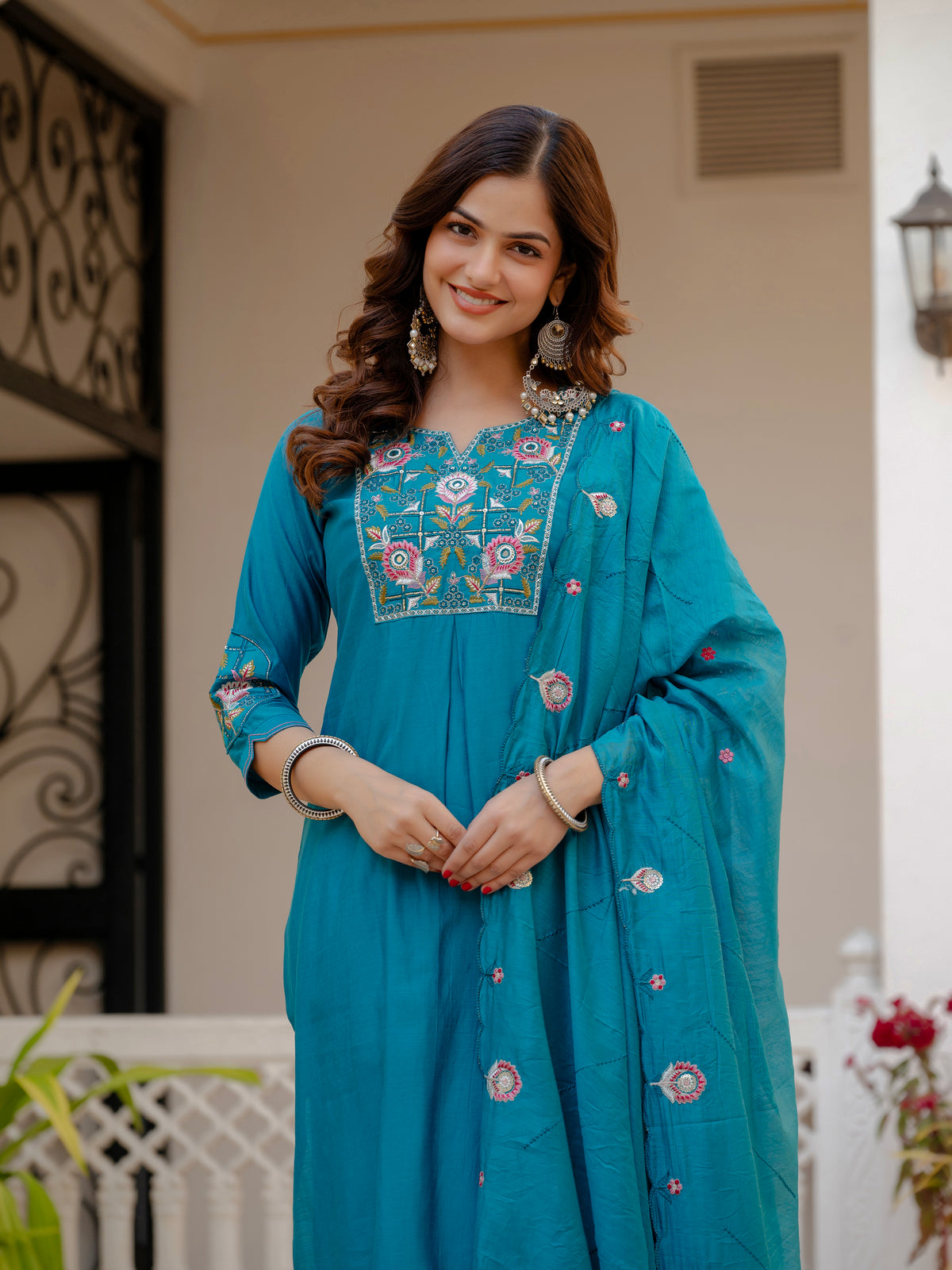 Firozi Viscose Mango Silk Embroidered Kurti Set