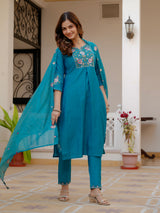 Firozi Viscose Mango Silk Embroidered Kurti Set