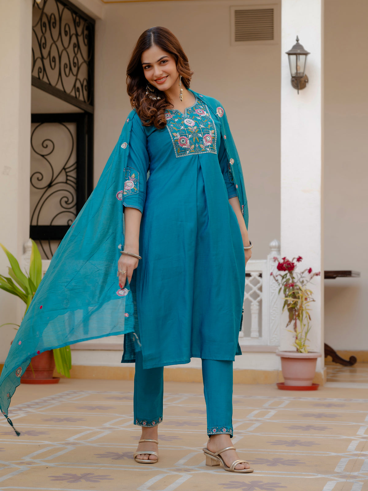 Firozi Viscose Mango Silk Embroidered Kurti Set