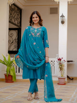 Firozi Viscose Mango Silk Embroidered Kurti Set