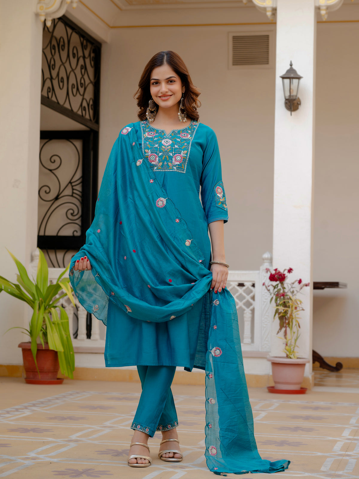 Firozi Viscose Mango Silk Embroidered Kurti Set