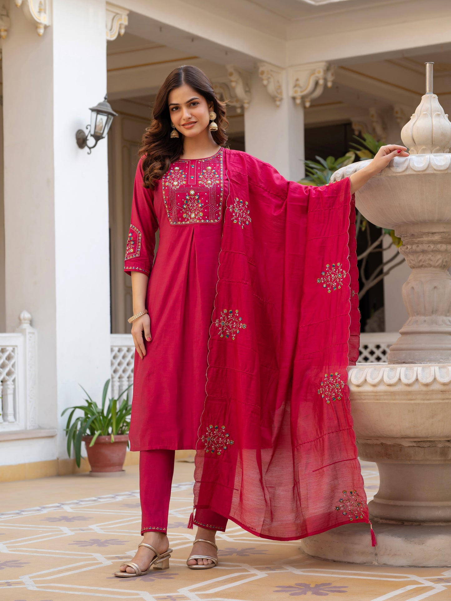 Pink Viscose Mango Silk Embroidered Kurti Set