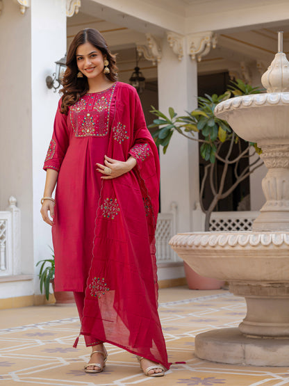 Pink Viscose Mango Silk Embroidered Kurti Set