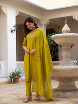 Yellow Viscose Mango Silk Embroidered Kurti Set