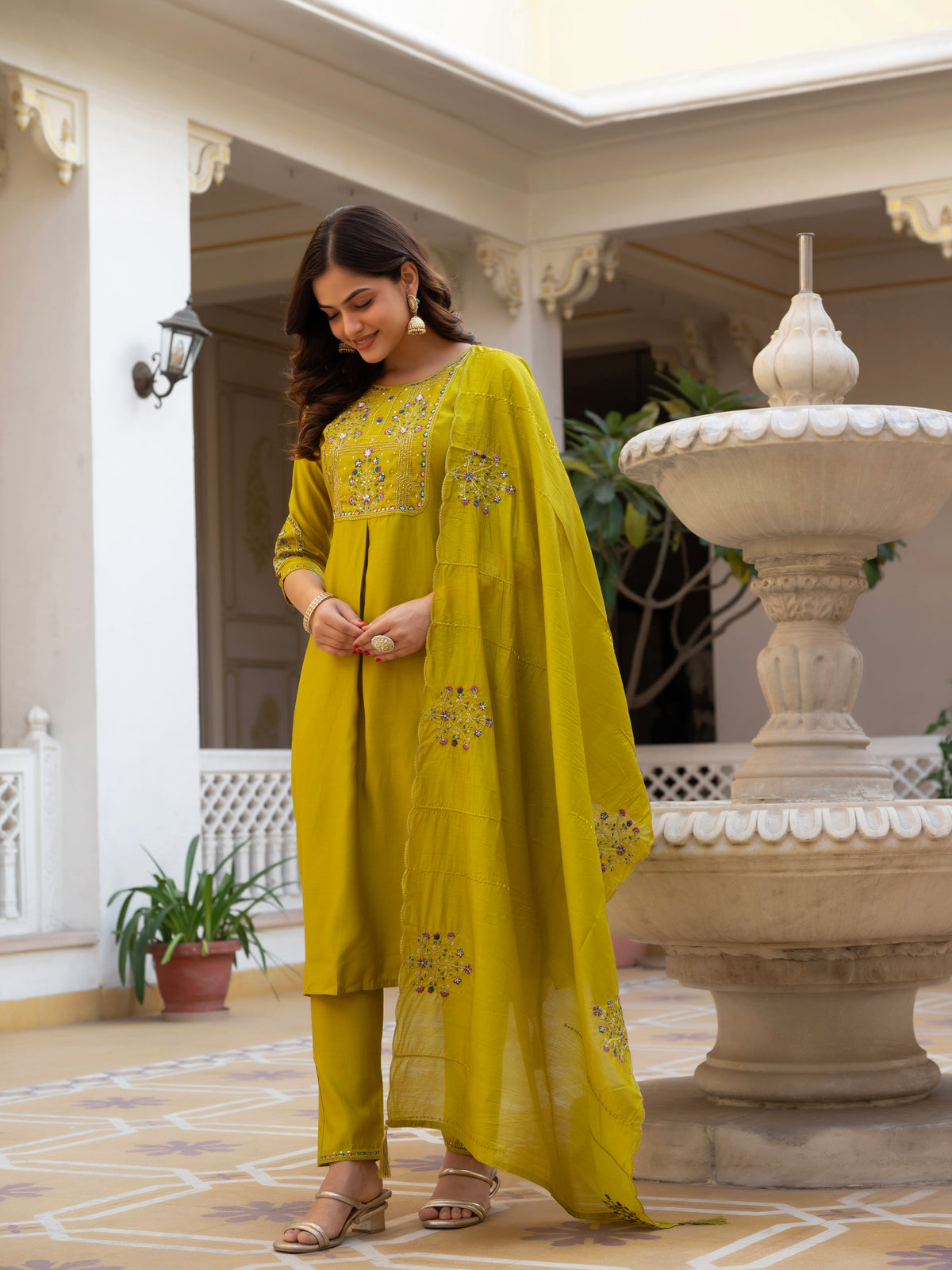 Yellow Viscose Mango Silk Embroidered Kurti Set