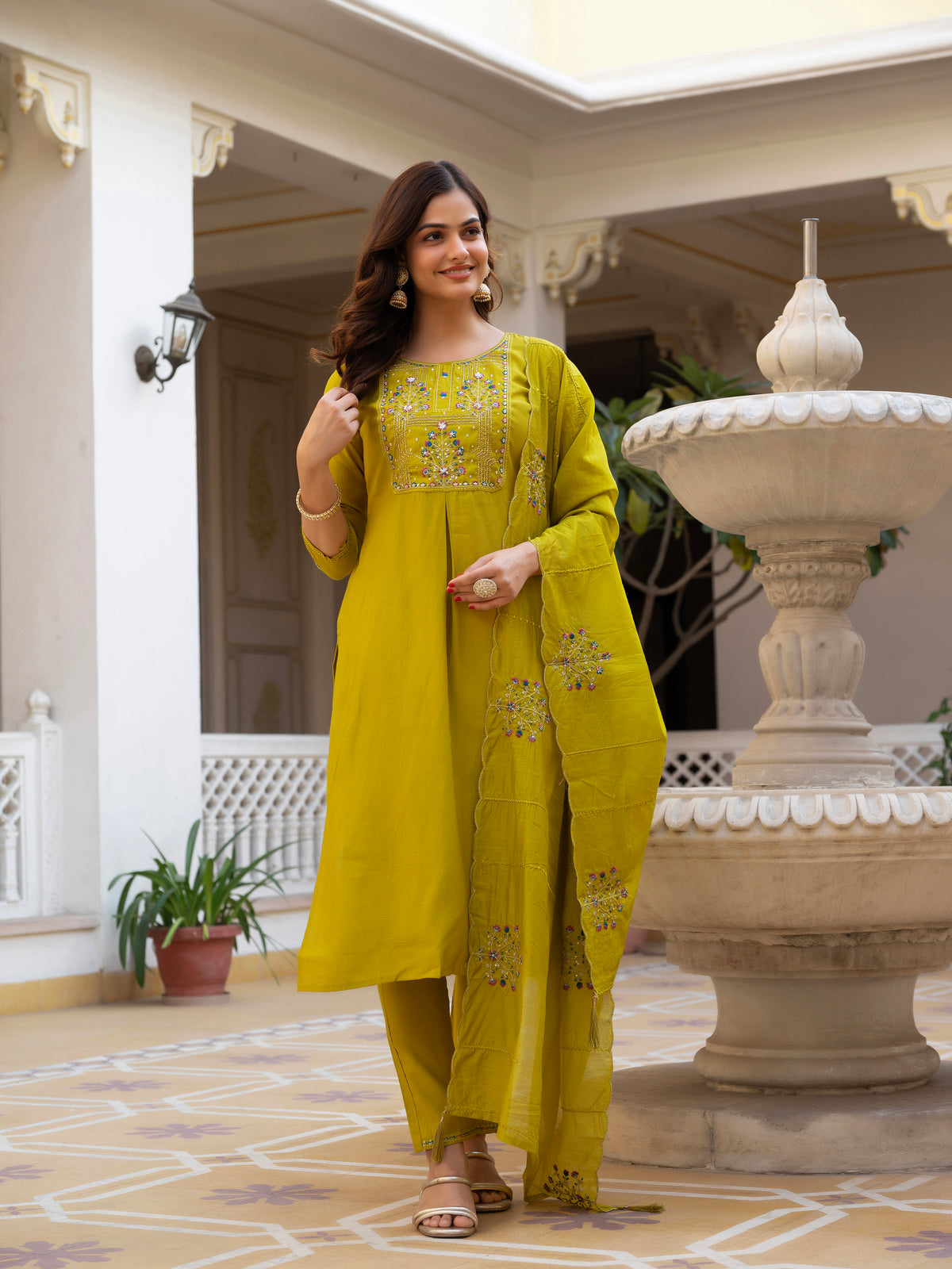 Yellow Viscose Mango Silk Embroidered Kurti Set
