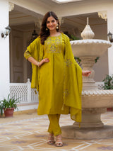 Yellow Viscose Mango Silk Embroidered Kurti Set