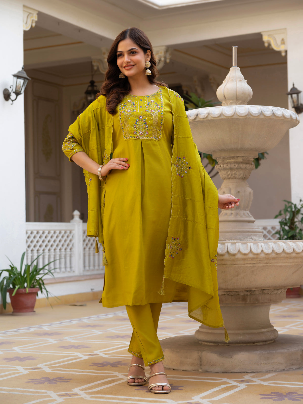 Yellow Viscose Mango Silk Embroidered Kurti Set