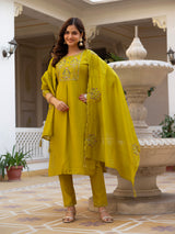 Yellow Viscose Mango Silk Embroidered Kurti Set