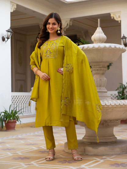 Yellow Viscose Mango Silk Embroidered Kurti Set