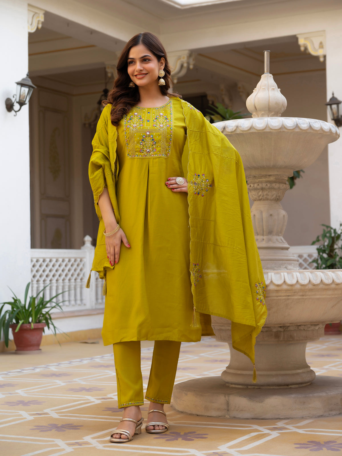 Yellow Viscose Mango Silk Embroidered Kurti Set