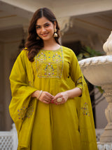 Yellow Viscose Mango Silk Embroidered Kurti Set