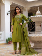 Mehndi Green Viscose Mango Silk Embroidered Kurti Set