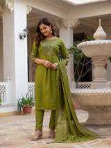 Mehndi Green Viscose Mango Silk Embroidered Kurti Set