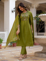 Mehndi Green Viscose Mango Silk Embroidered Kurti Set
