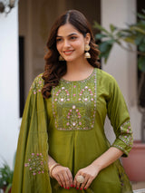 Mehndi Green Viscose Mango Silk Embroidered Kurti Set