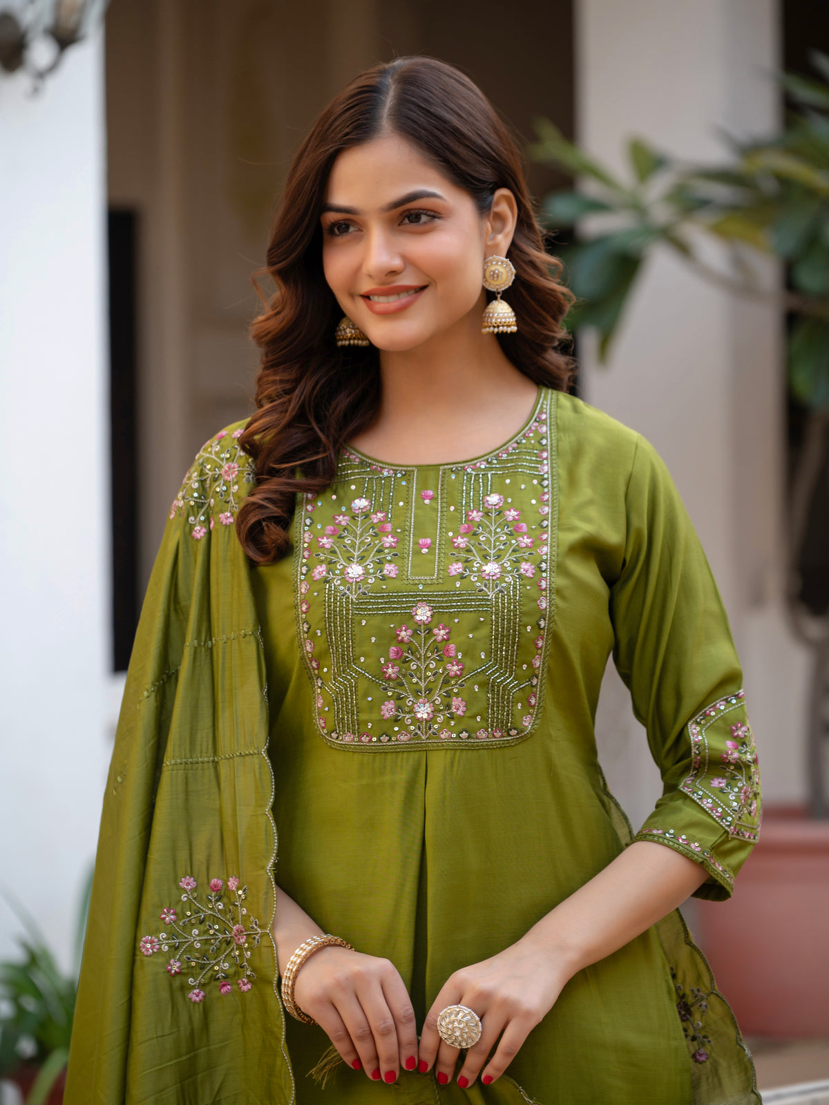 Mehndi Green Viscose Mango Silk Embroidered Kurti Set
