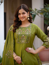 Mehndi Green Viscose Mango Silk Embroidered Kurti Set