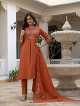 Rust Viscose Mango Silk Embroidered Kurti Set