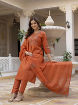 Rust Viscose Mango Silk Embroidered Kurti Set