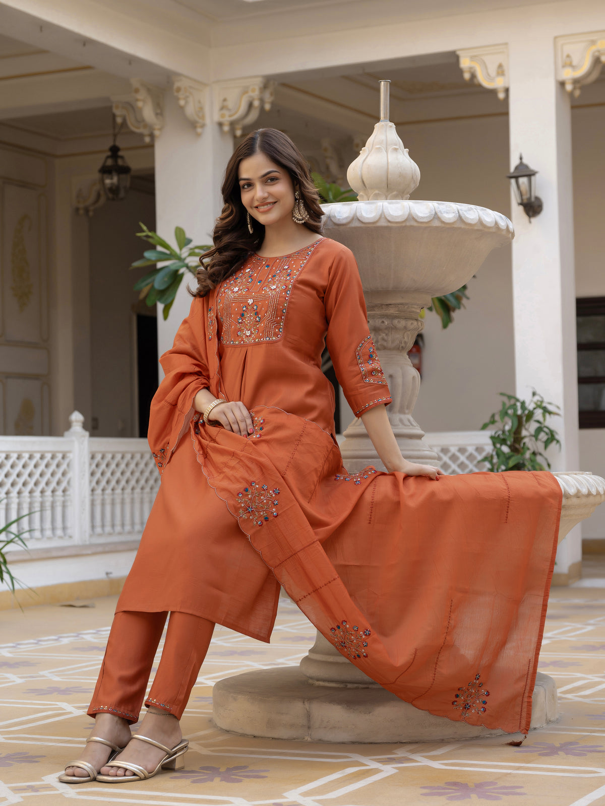 Rust Viscose Mango Silk Embroidered Kurti Set