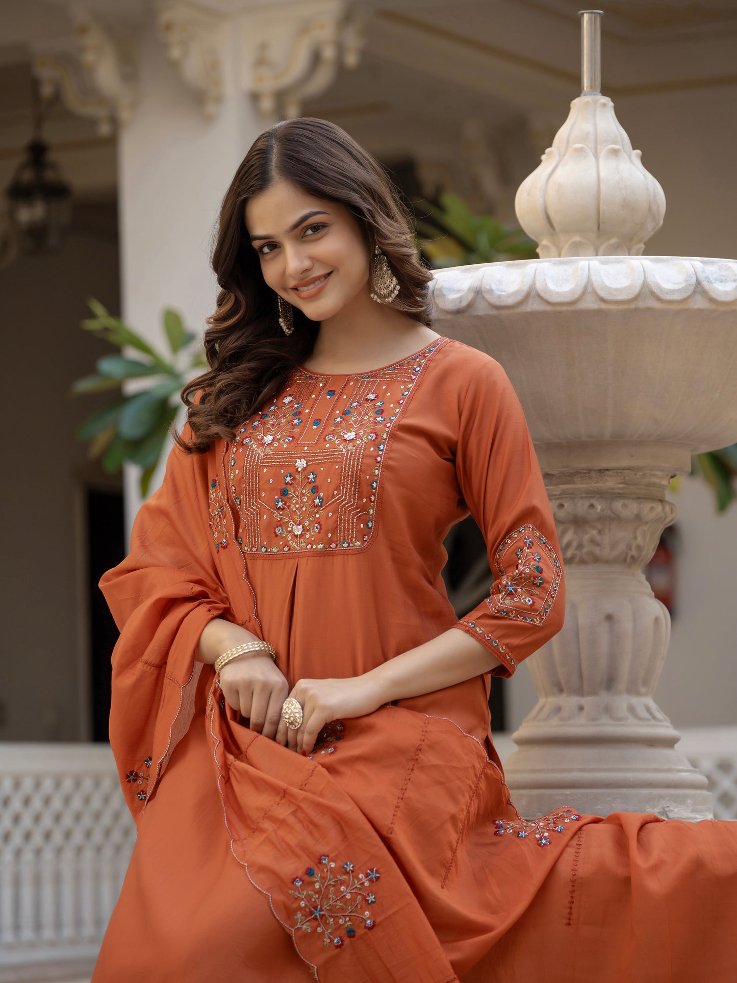 Rust Viscose Mango Silk Embroidered Kurti Set