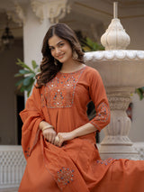 Rust Viscose Mango Silk Embroidered Kurti Set