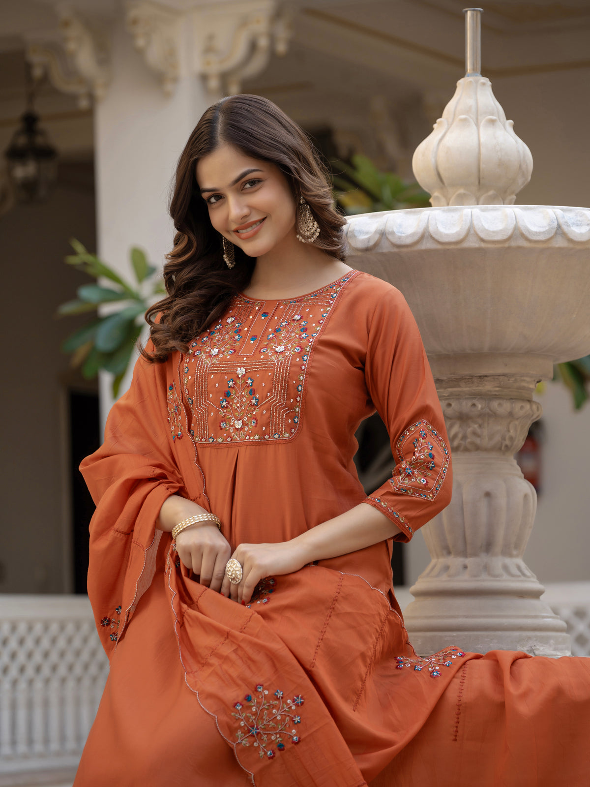 Rust Viscose Mango Silk Embroidered Kurti Set