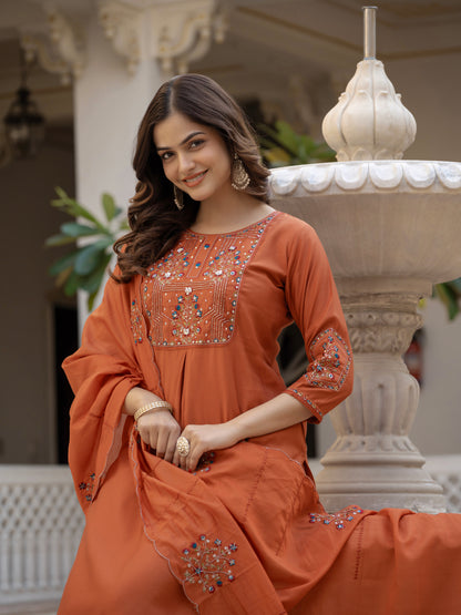 Rust Viscose Mango Silk Embroidered Kurti Set